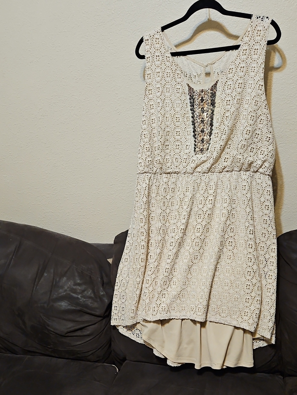 Maurices Cream Lace Mini Dress with Neutral Beaded Accent